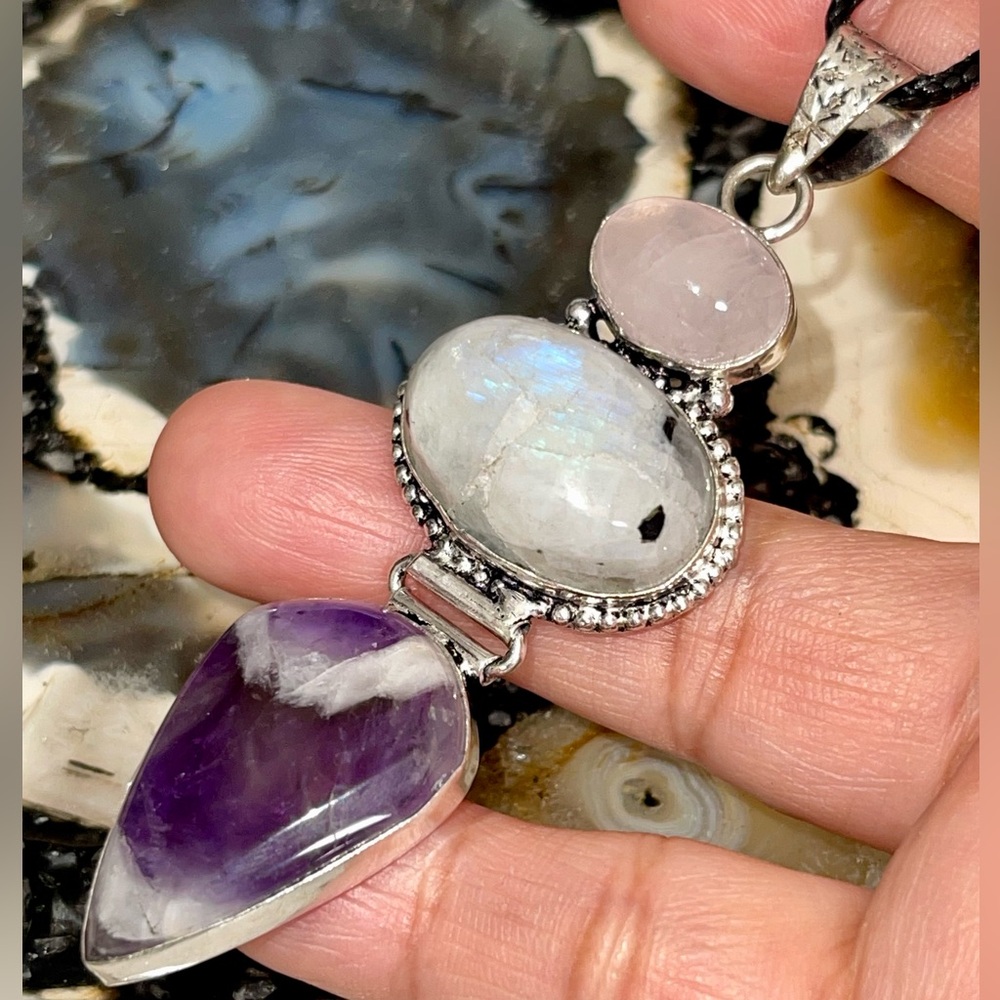 ❌SALE Crack Moonstone ❌ Rose Quartz, Amethyst Crystal Pendant 3 1/4” - Picture 3 of 17